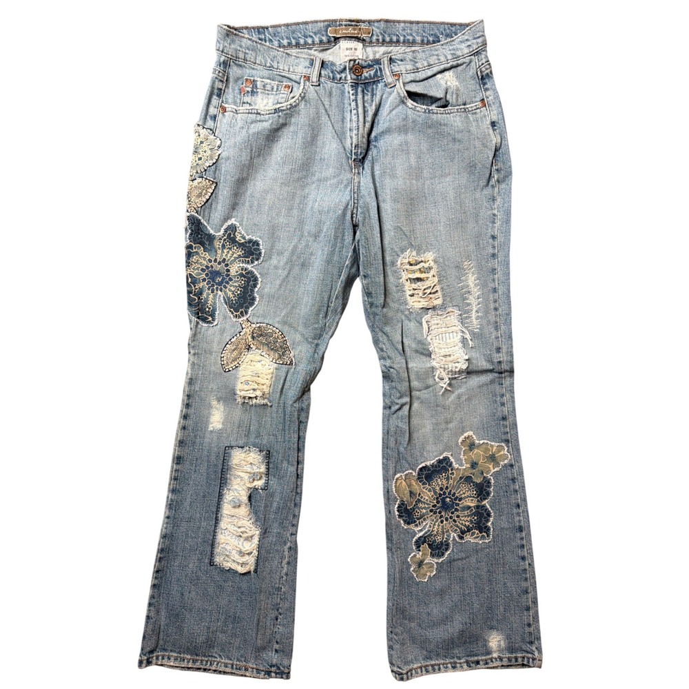Z. Cavaricci Jeans Womens 10 Distressed Floral Patch Blue Denim Bootcut